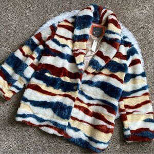 Anthropologie Faux Fur Coat Multicolored Striped New Womens Size Large Unisex